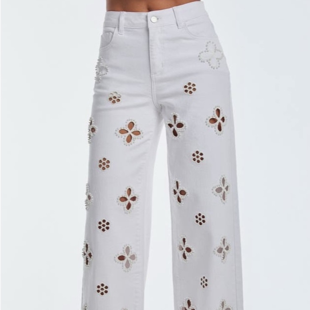 Noli White High-Rise Wide-Leg Jeans with Eyelet Cutouts